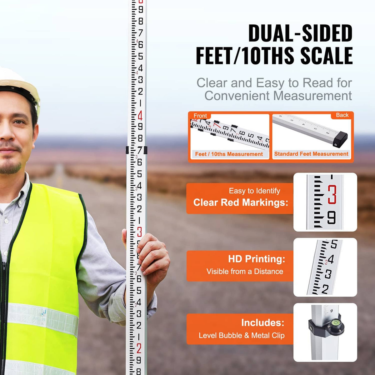 Telescopic grade rod showing dual-sided foot and 1/10 markings