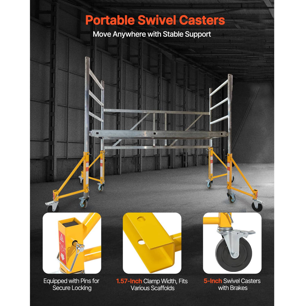 Portable yellow swivel casters and scaffolding outrigger frame with brake wheel setup