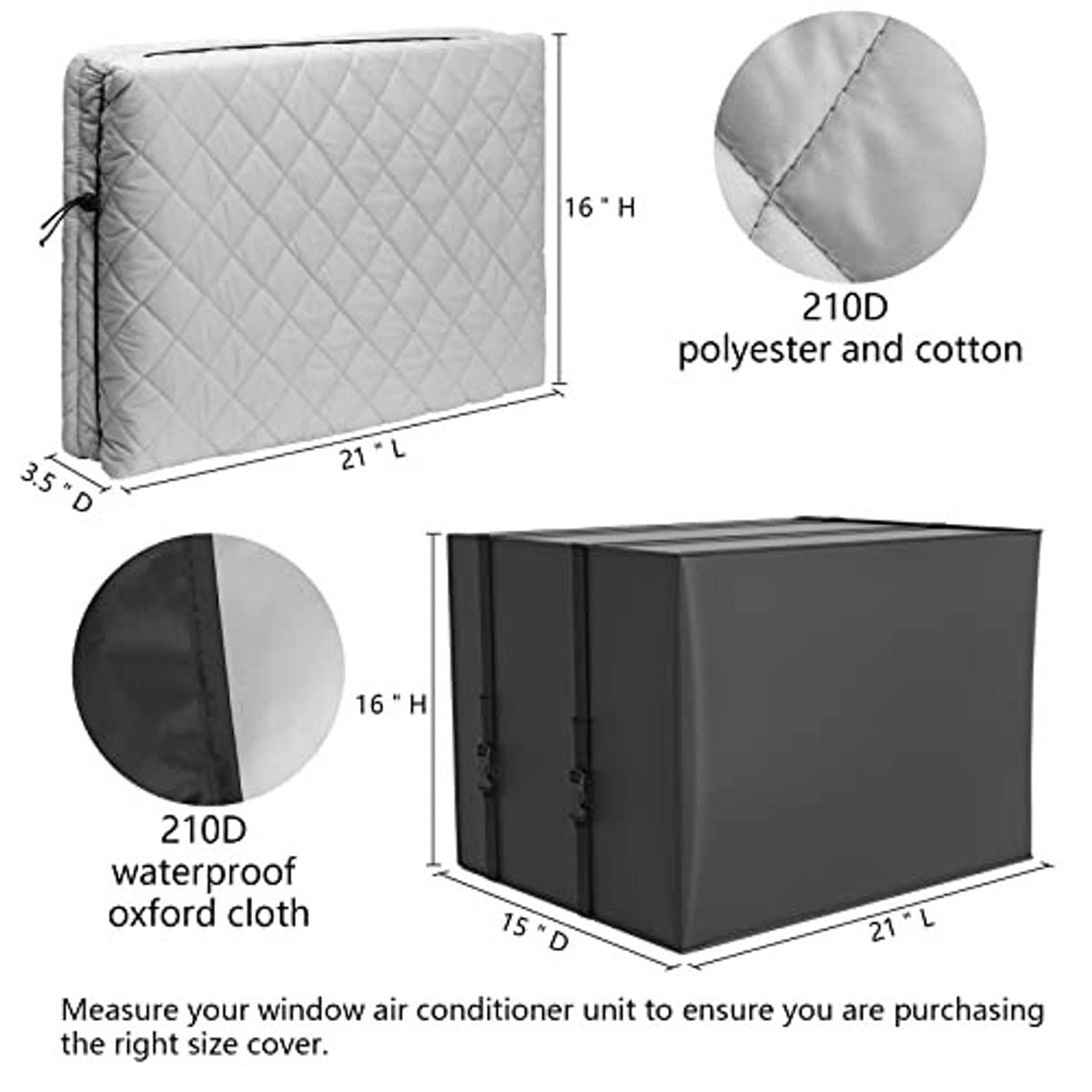 Adjustable window AC cover set, quilted gray fabric with corner ties and cinch points.