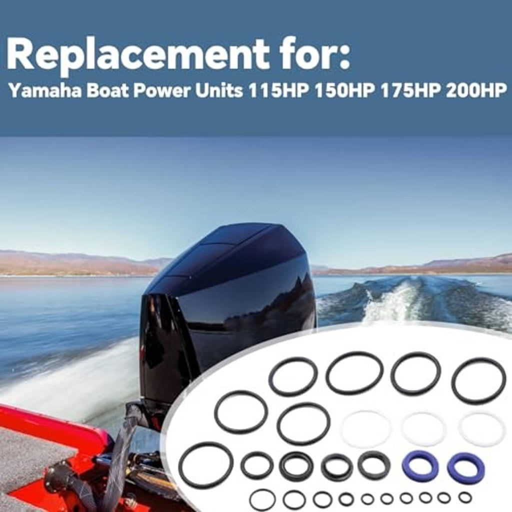 Tilt trim seal kit O-rings and seals, including black, white, and blue rings