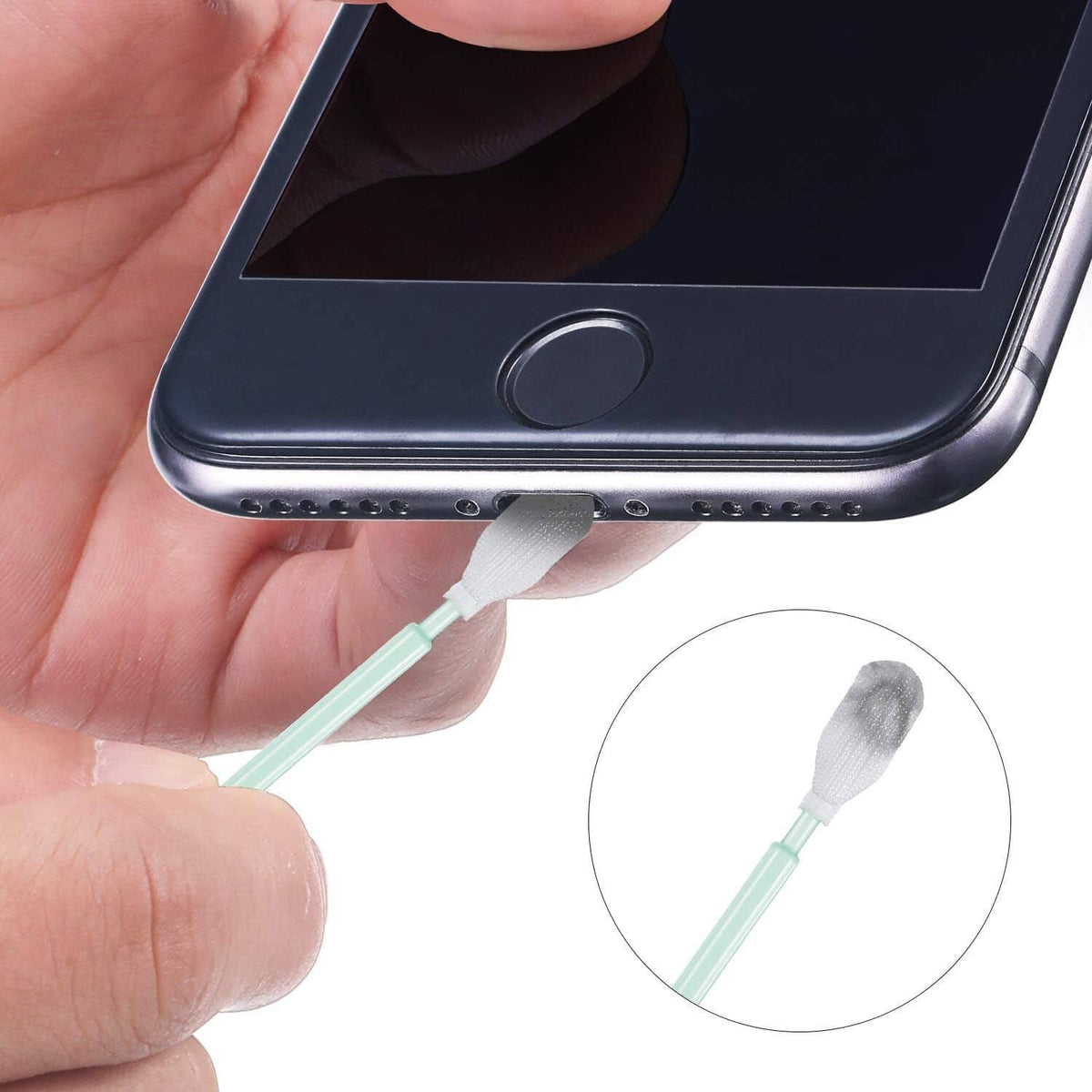Teal-handled cleaning brush with soft white bristles for phone speaker and ports