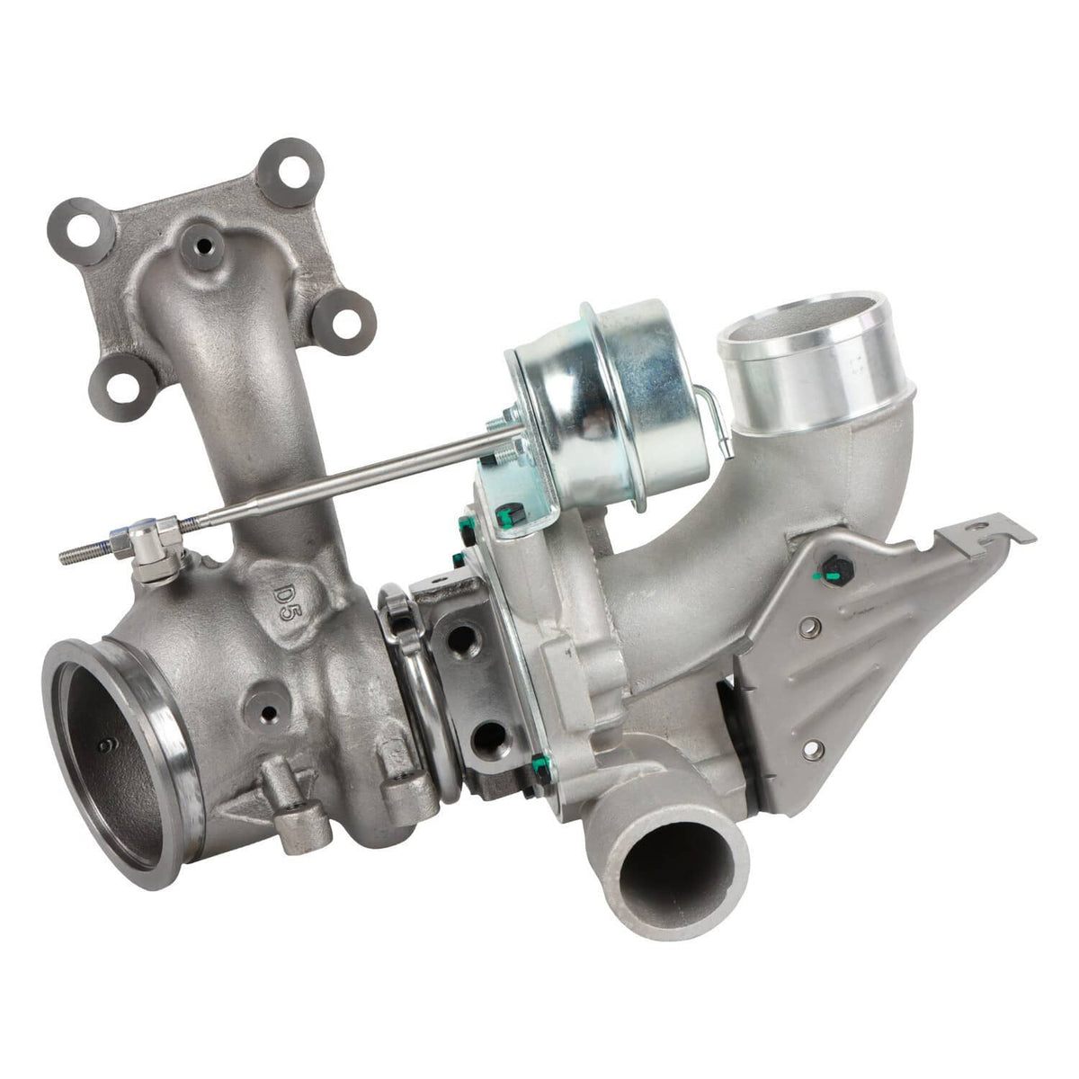 Turbocharger with silver housings, actuator, and intake/outlet pipe connections