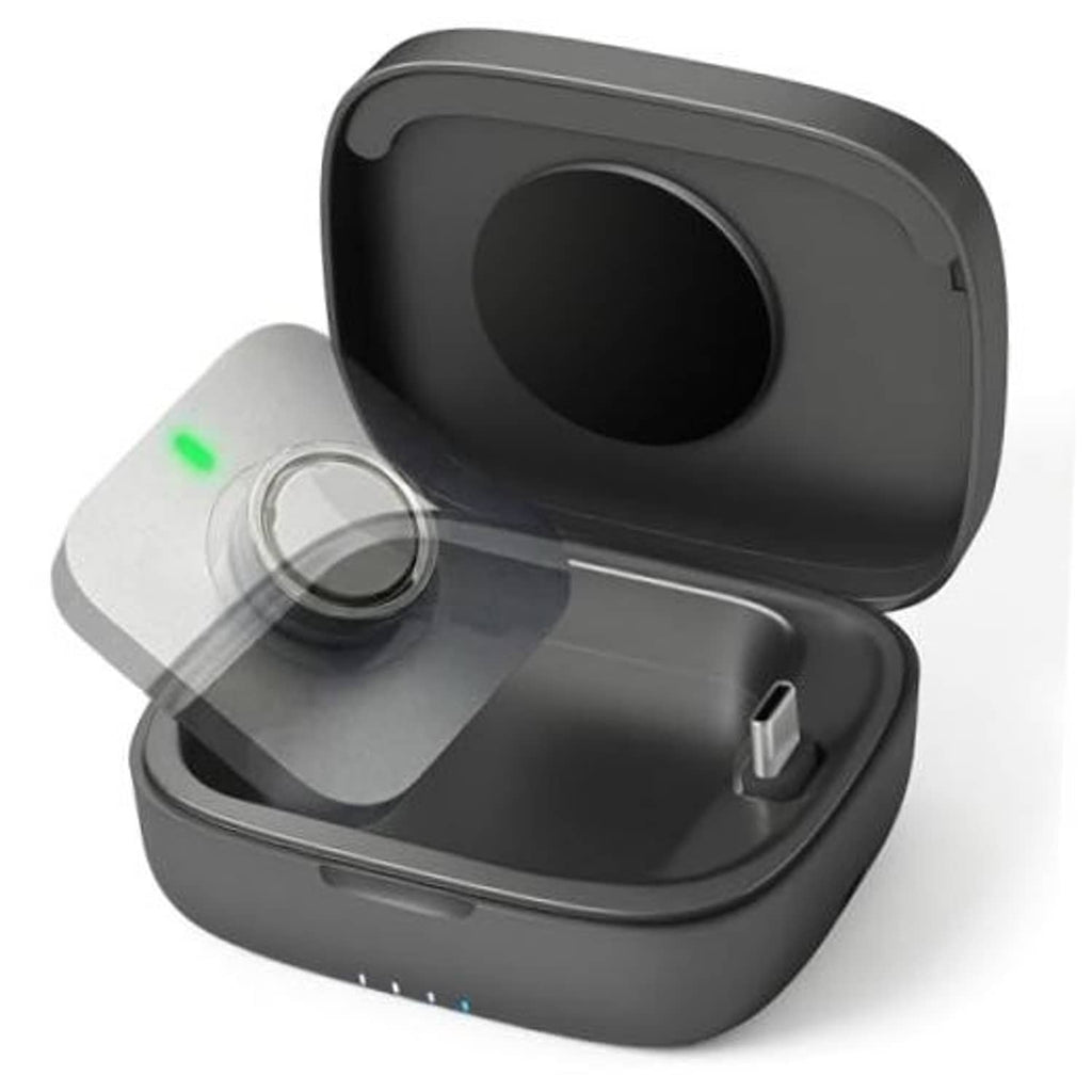 Dark gray charging case open with ring cradle and USB-C charging port