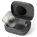 Dark gray charging case open with ring cradle and USB-C charging port