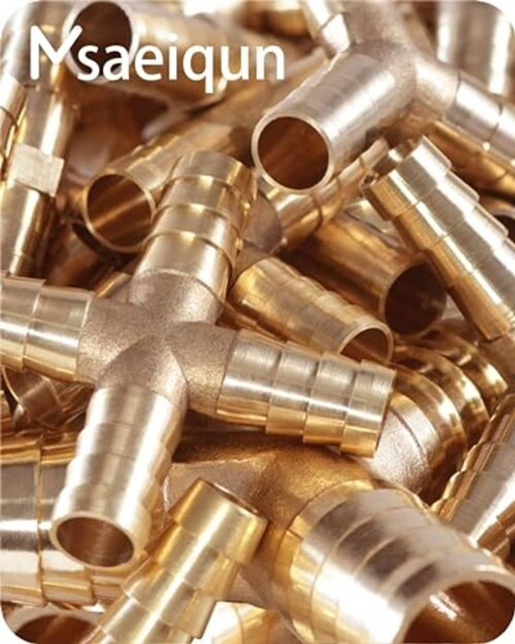 Close-up of brass hose barb fittings with barbed connection ends