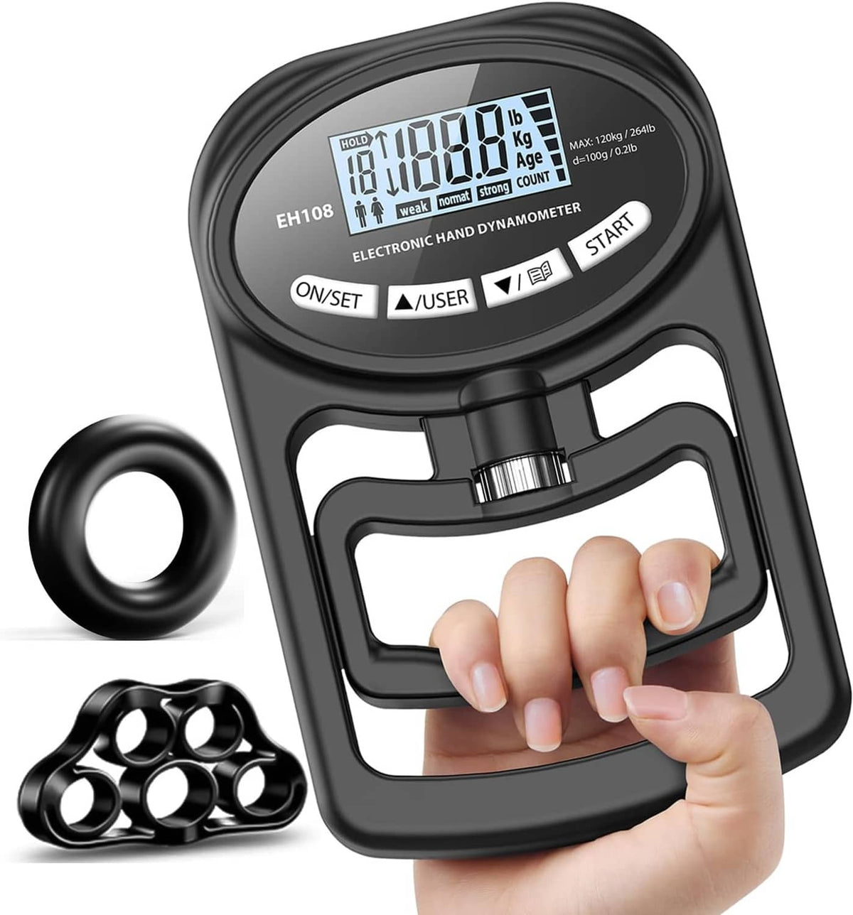 Black electronic hand grip tester with LCD display and hand holding the handle.