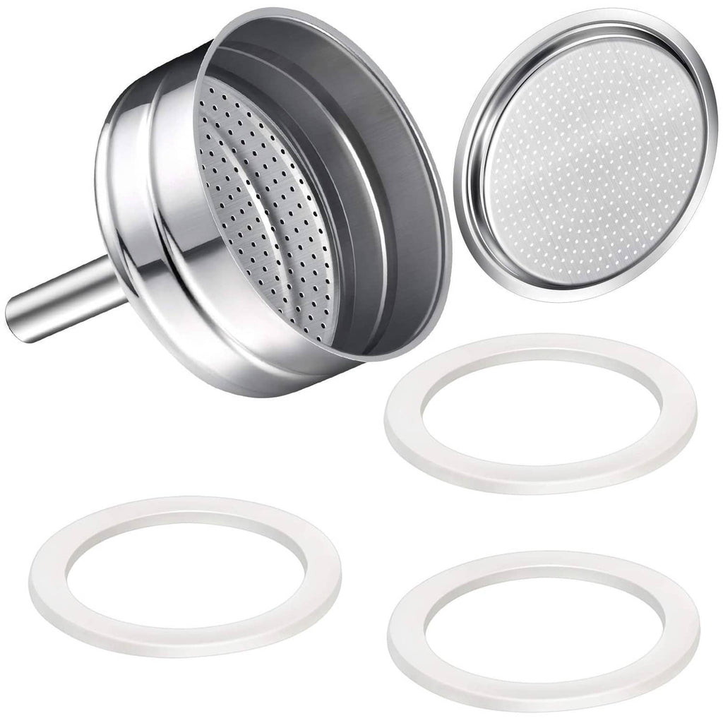 6-cup moka pot replacement funnel and gasket kit, stainless steel and white rings