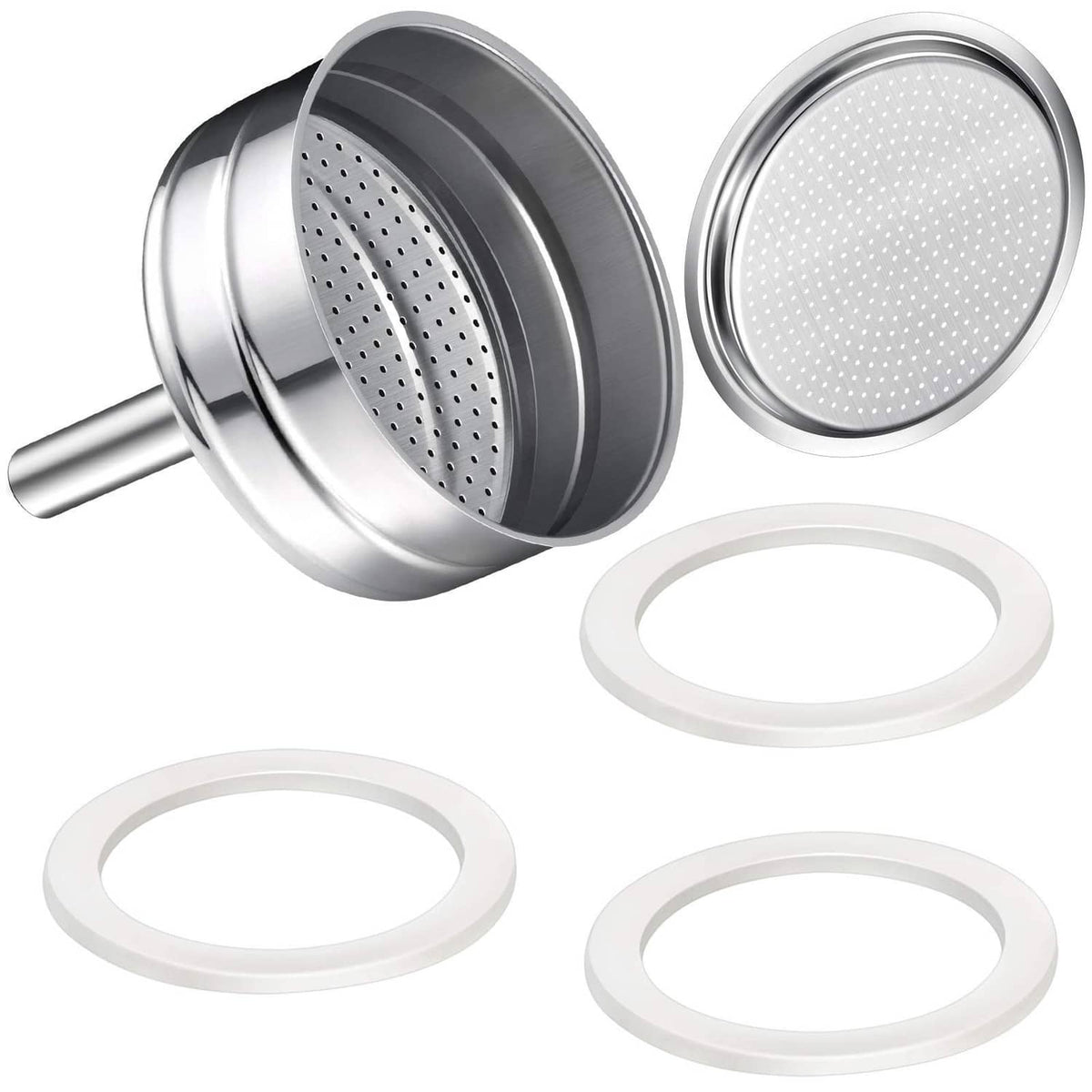 6-cup moka pot replacement funnel and gasket kit, stainless steel and white rings
