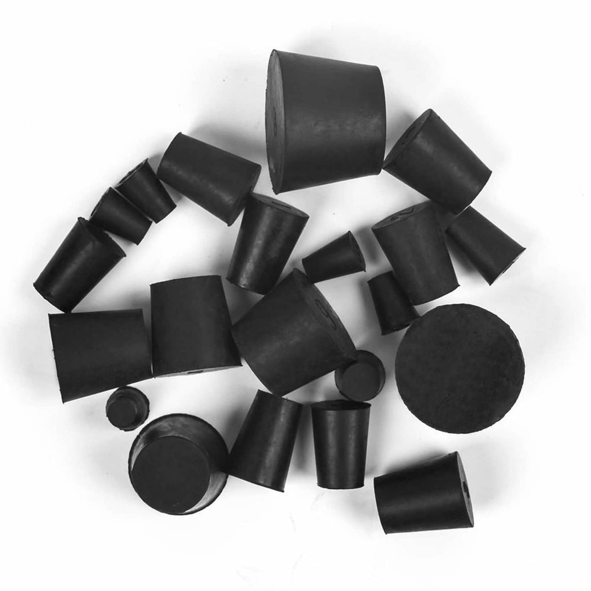 Set of black natural rubber lab stoppers, assorted sizes and cylindrical shapes