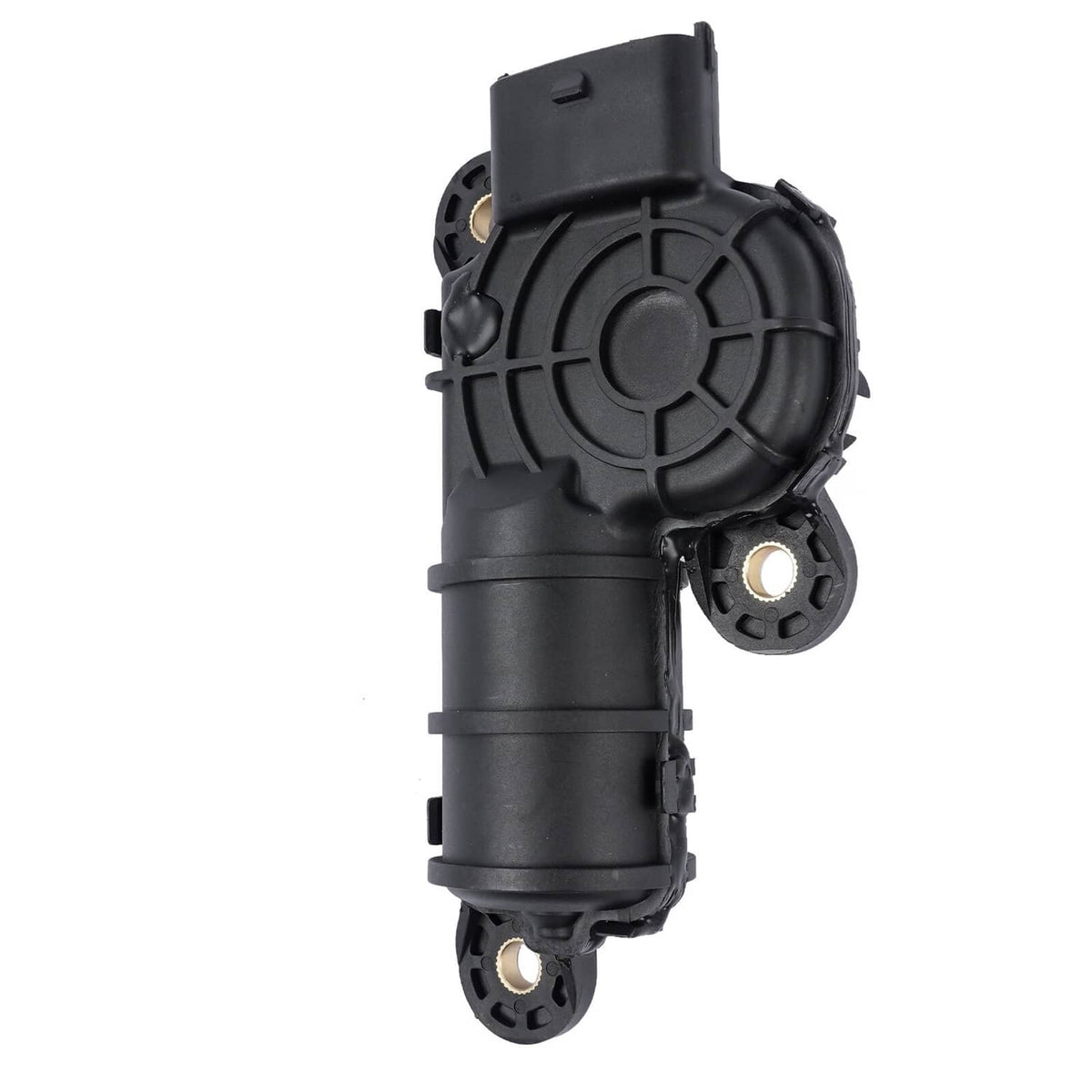 Black intake manifold runner control motor viewed from the side with round actuator module