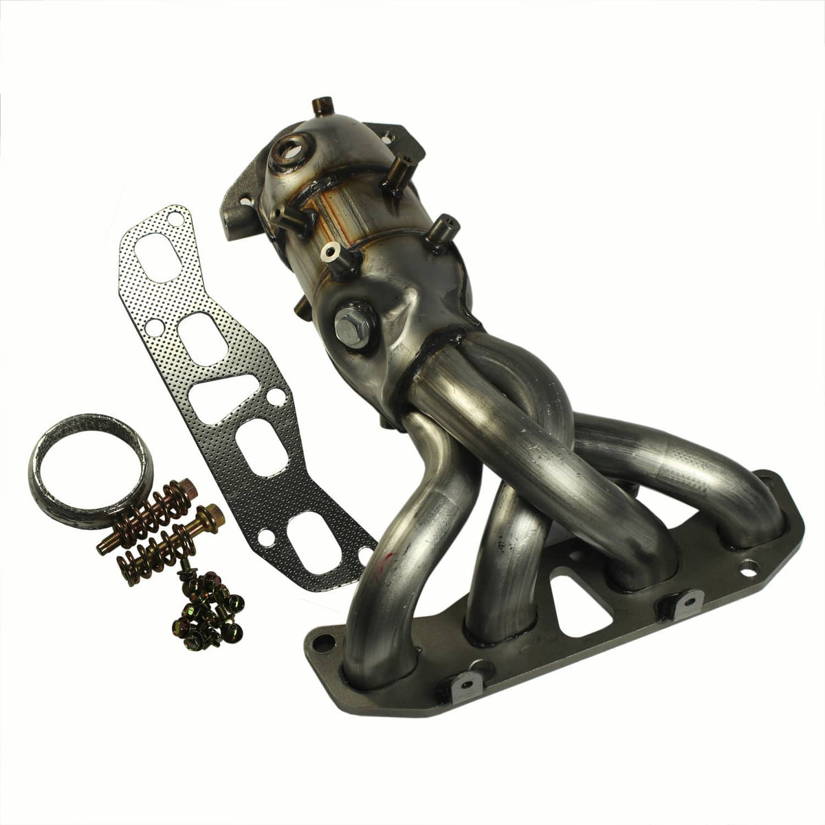 Exhaust manifold with catalytic converter and connected pipes, gasket plate and O-ring