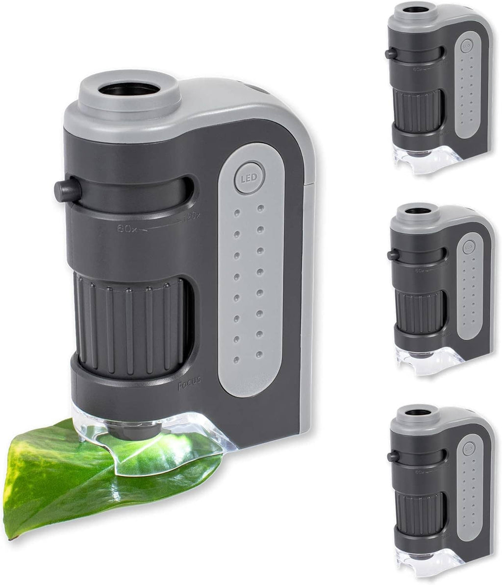 LED pocket microscope set of four in gray, with eyepiece and LED light lens views