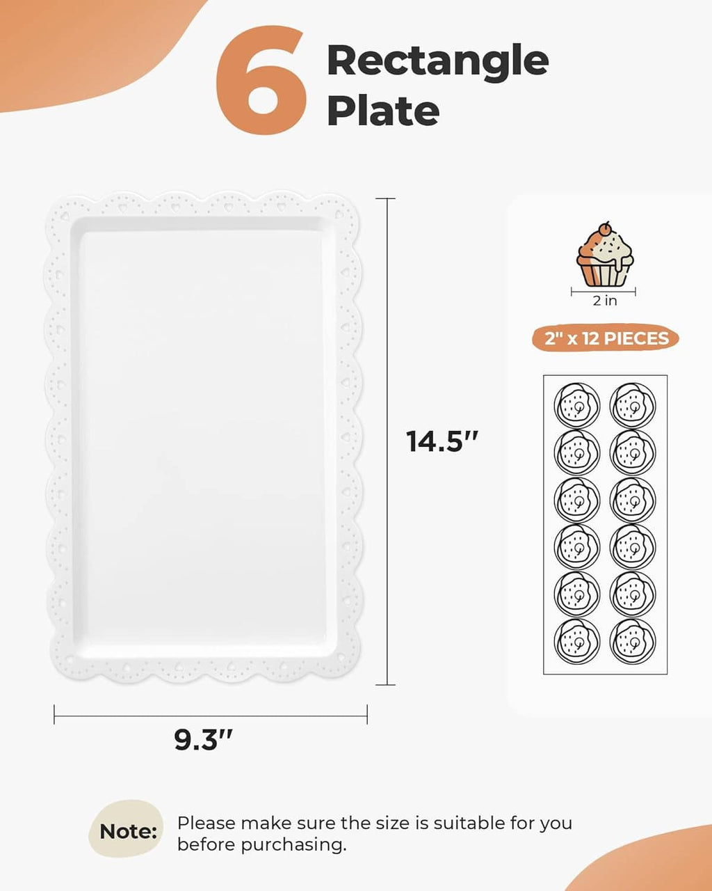 Rectangle plate size diagram with scalloped edge and included tray dimensions