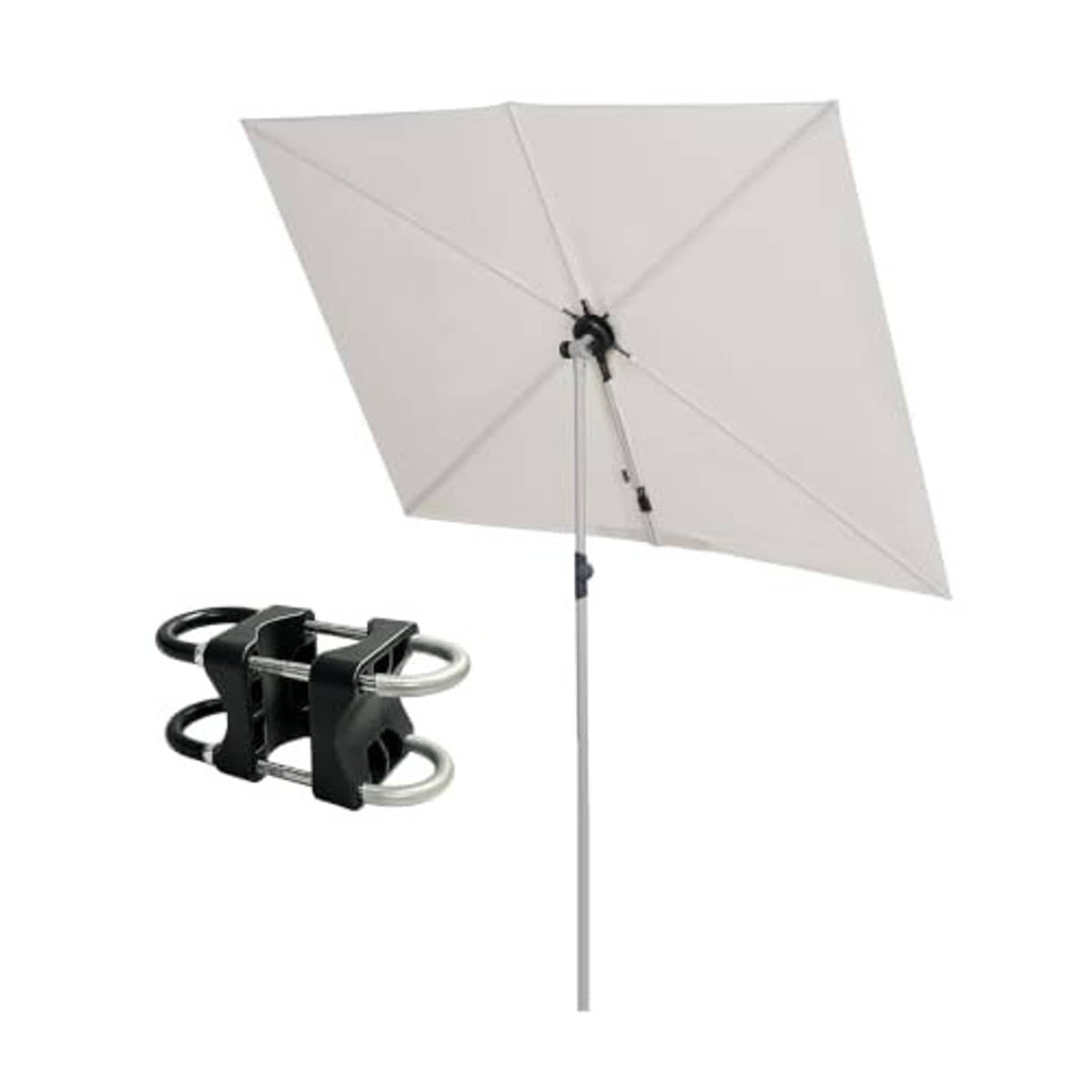 Beige rectangular umbrella canopy with center pole and black weighted side-mount bracket