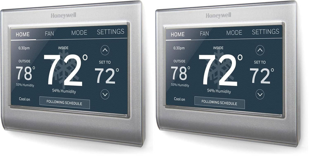 Gray Wi-Fi smart color thermostats, two-pack, wall-mounted digital screens
