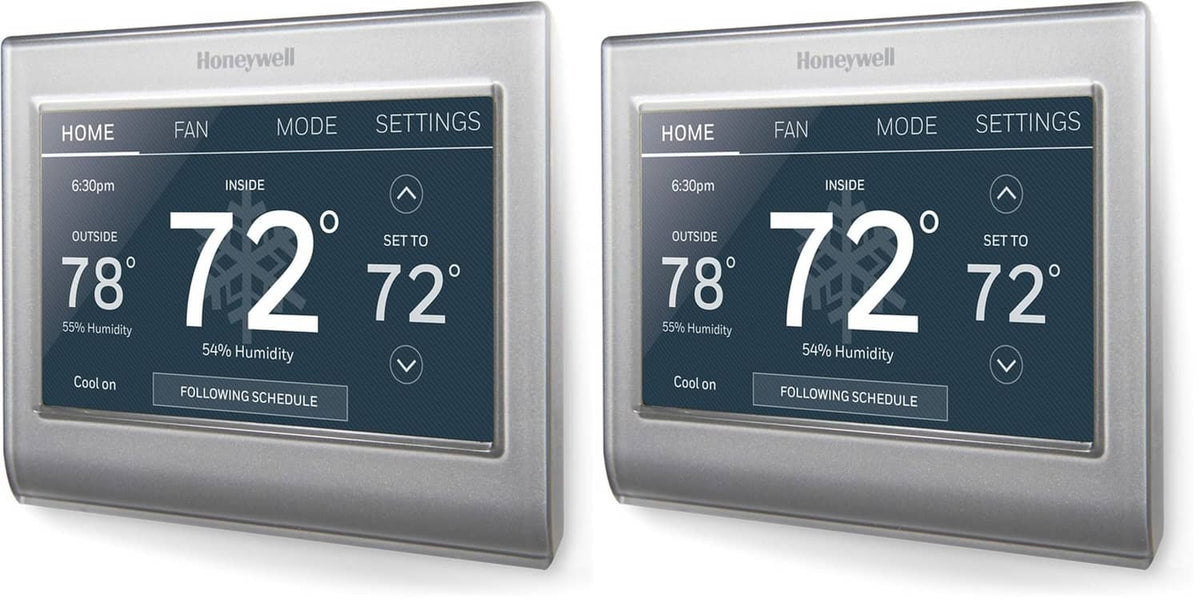 Gray Wi-Fi smart color thermostats, two-pack, wall-mounted digital screens