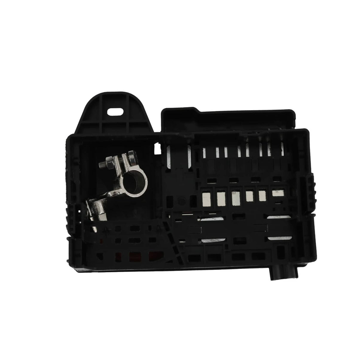 Black fuse block terminal with visible metal contact ring and connector slots