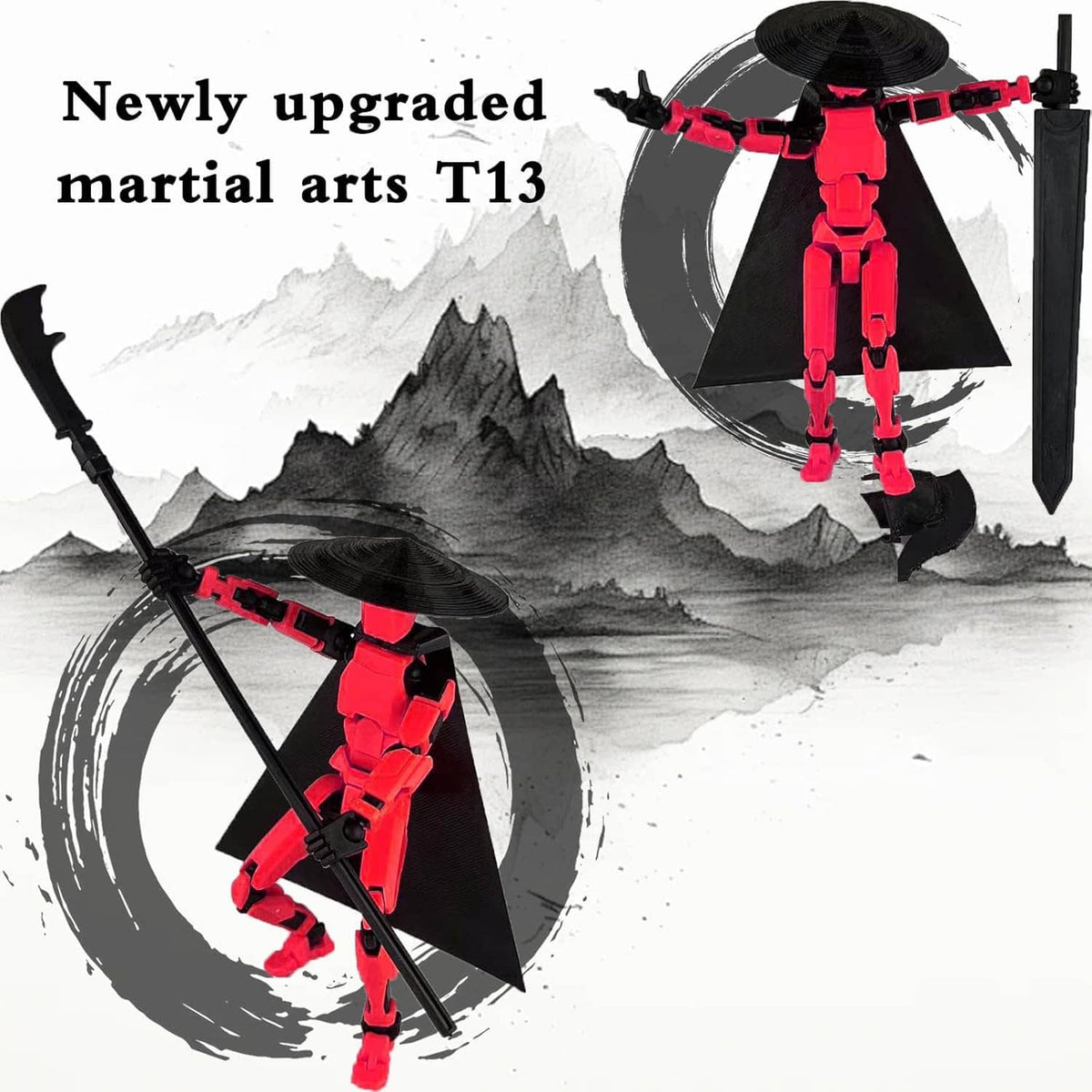 Red-and-black martial arts action figure with wide black hat, katana and gear accessories
