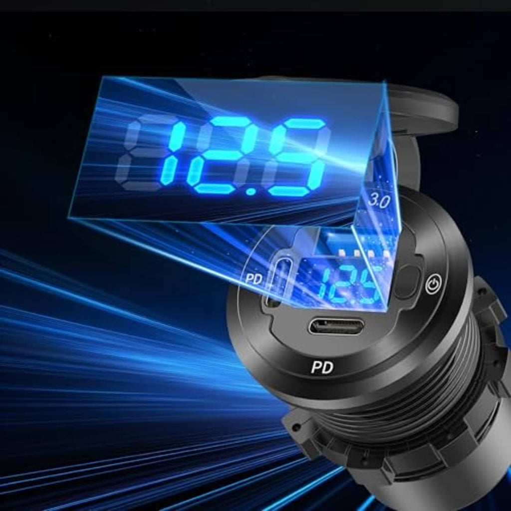 Black 12V car USB charger showing dual LED charging voltages and QC/PD ports