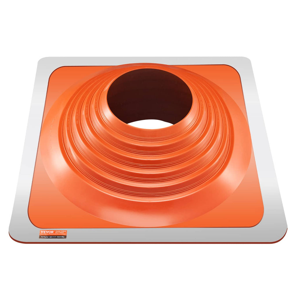 Orange flexible silicone roof pipe flashing boot with metal base and centered round opening