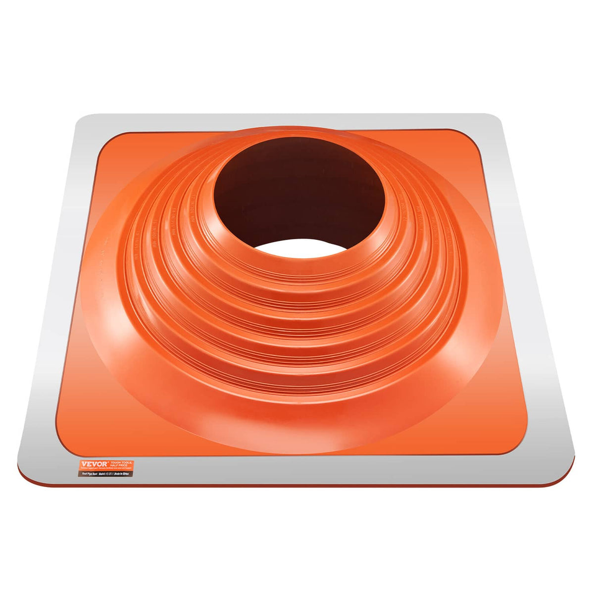 Orange flexible silicone roof pipe flashing boot with metal base and centered round opening