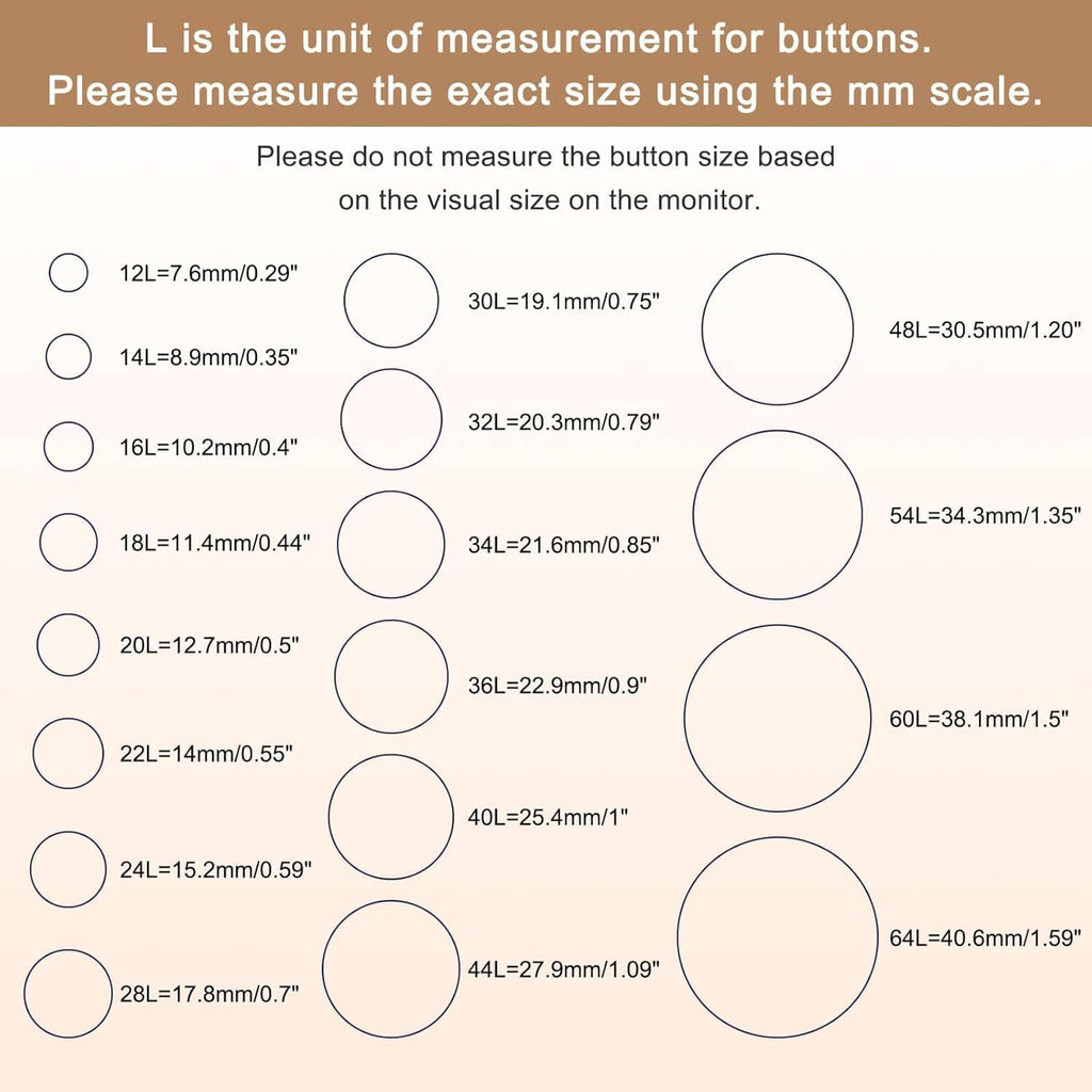 Round button size measurement chart with circle outlines and unit guide