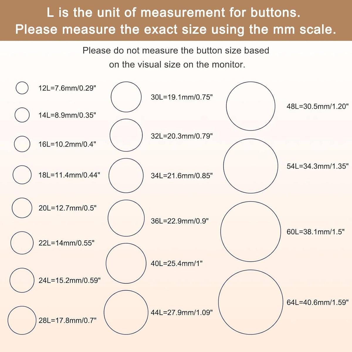 Round button size measurement chart with circle outlines and unit guide