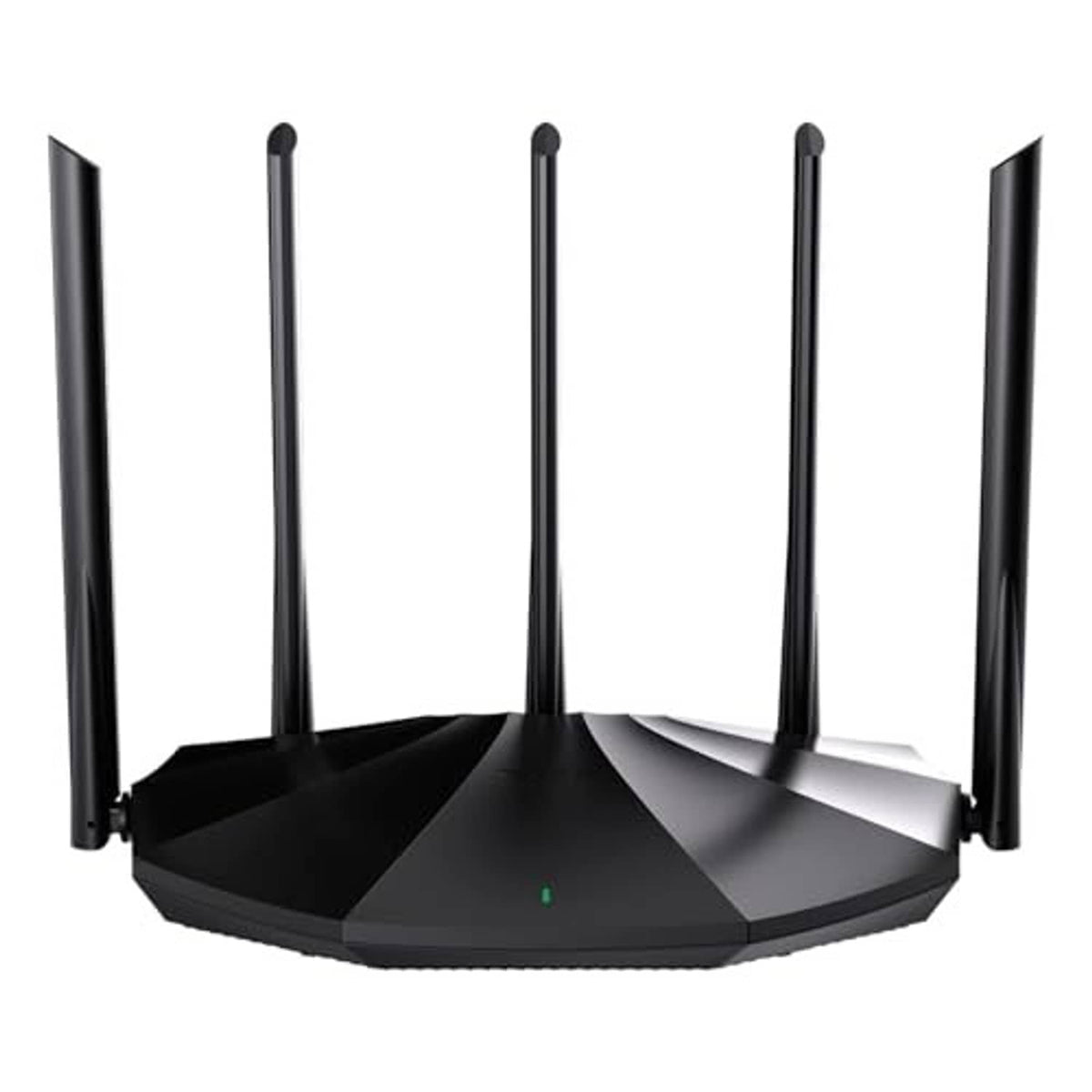 Black router with several tall antennas and a low octagonal body