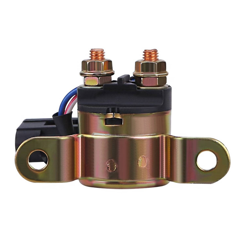 Starter relay solenoid front view with two copper terminals and oval mounting bracket