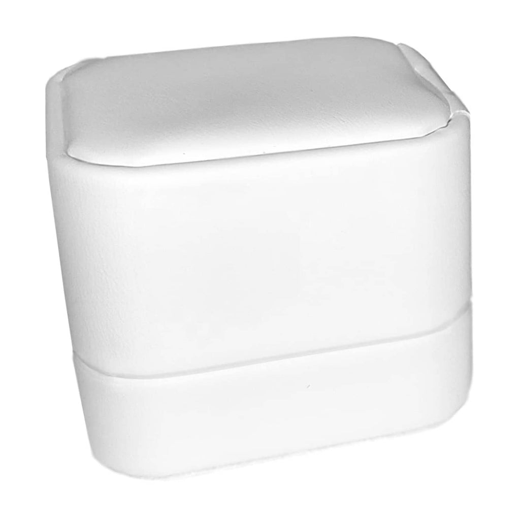 White ring display box with padded gray lid interior