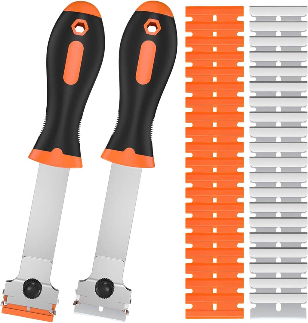 2-pack razor scraper tools with black-and-orange handles and orange blade strip refills