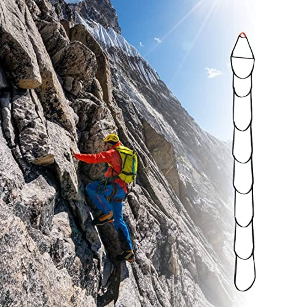 Rope ladder with 8 black webbing loops and top hanging ring for climbing support