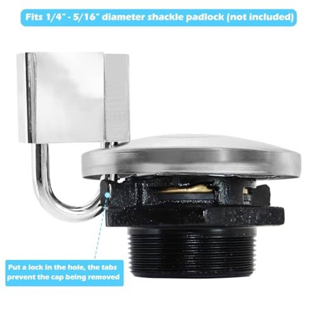 Vented diesel fuel cap with shackle lock hole and locking tabs, black threaded base