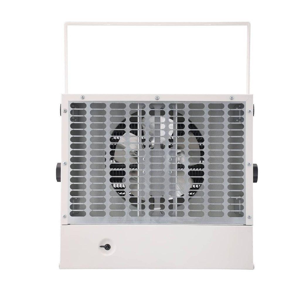 Electric garage heater front panel with large vent grille, white metal body