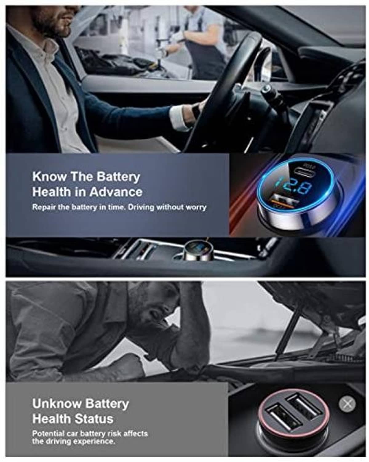 Car dashboard view of USB-C charger with circular LED screen for dual-port fast charging