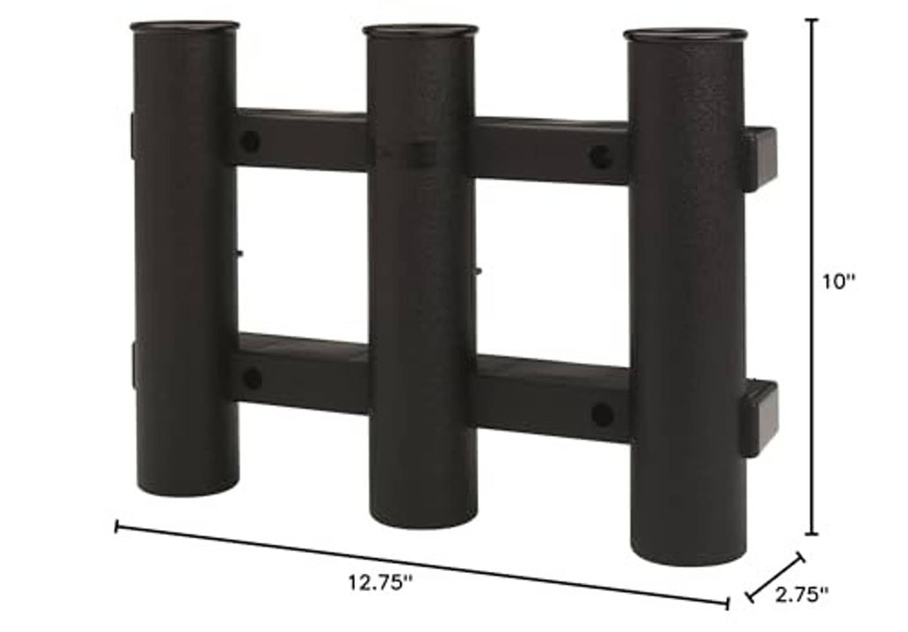 3-rod tube rod holder rack, black metal, measures 12.75 in wide and 10 in tall