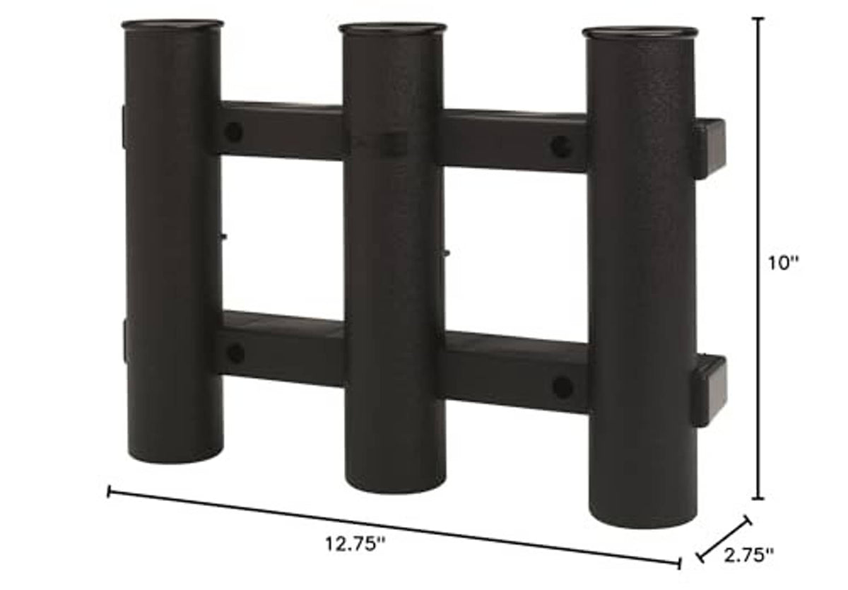 3-rod tube rod holder rack, black metal, measures 12.75 in wide and 10 in tall