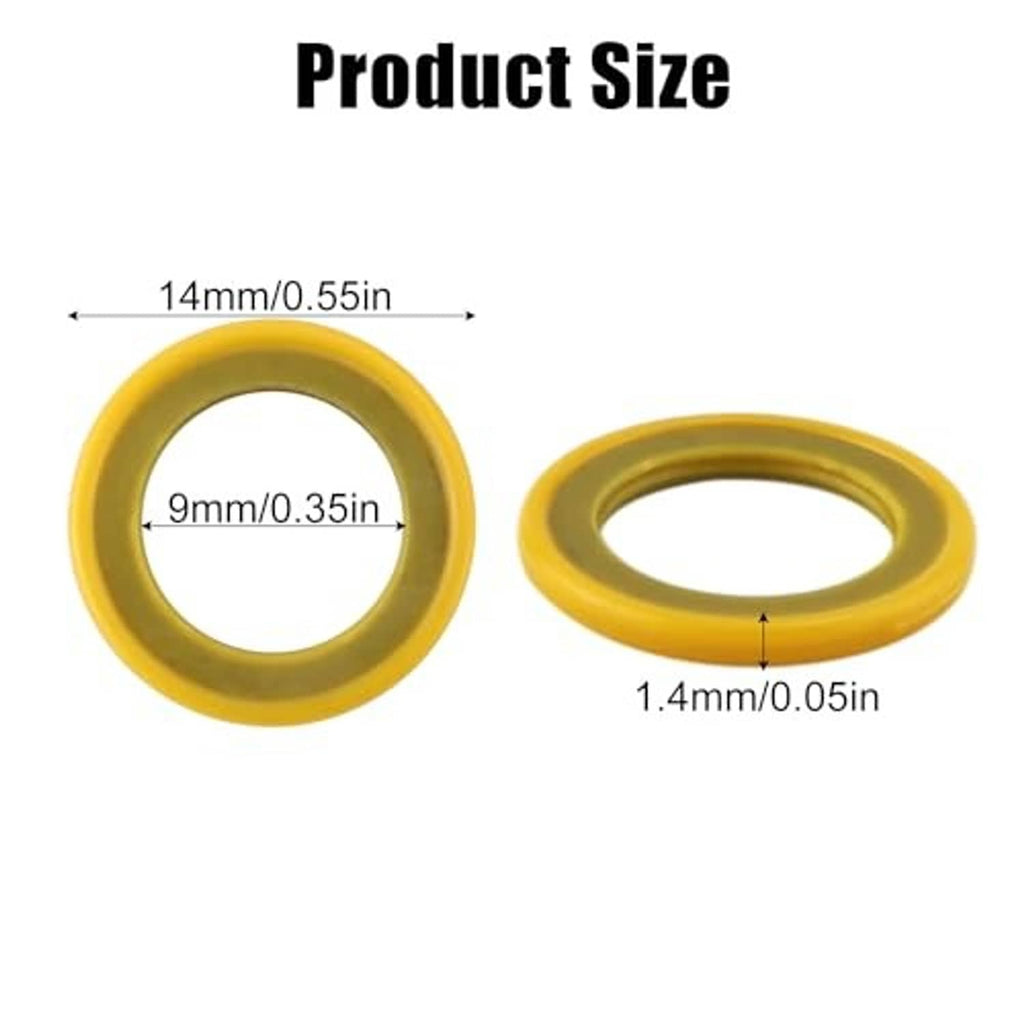 Pair of yellow round seal washers/gaskets with inner hole and thickness measurements