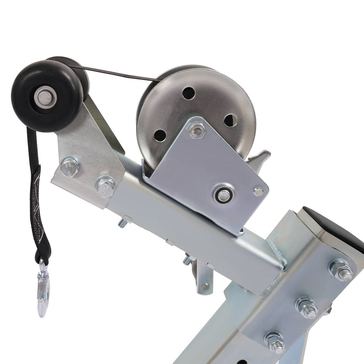 Close-up of winch stand pulley and mounting bracket with hook strap attachment