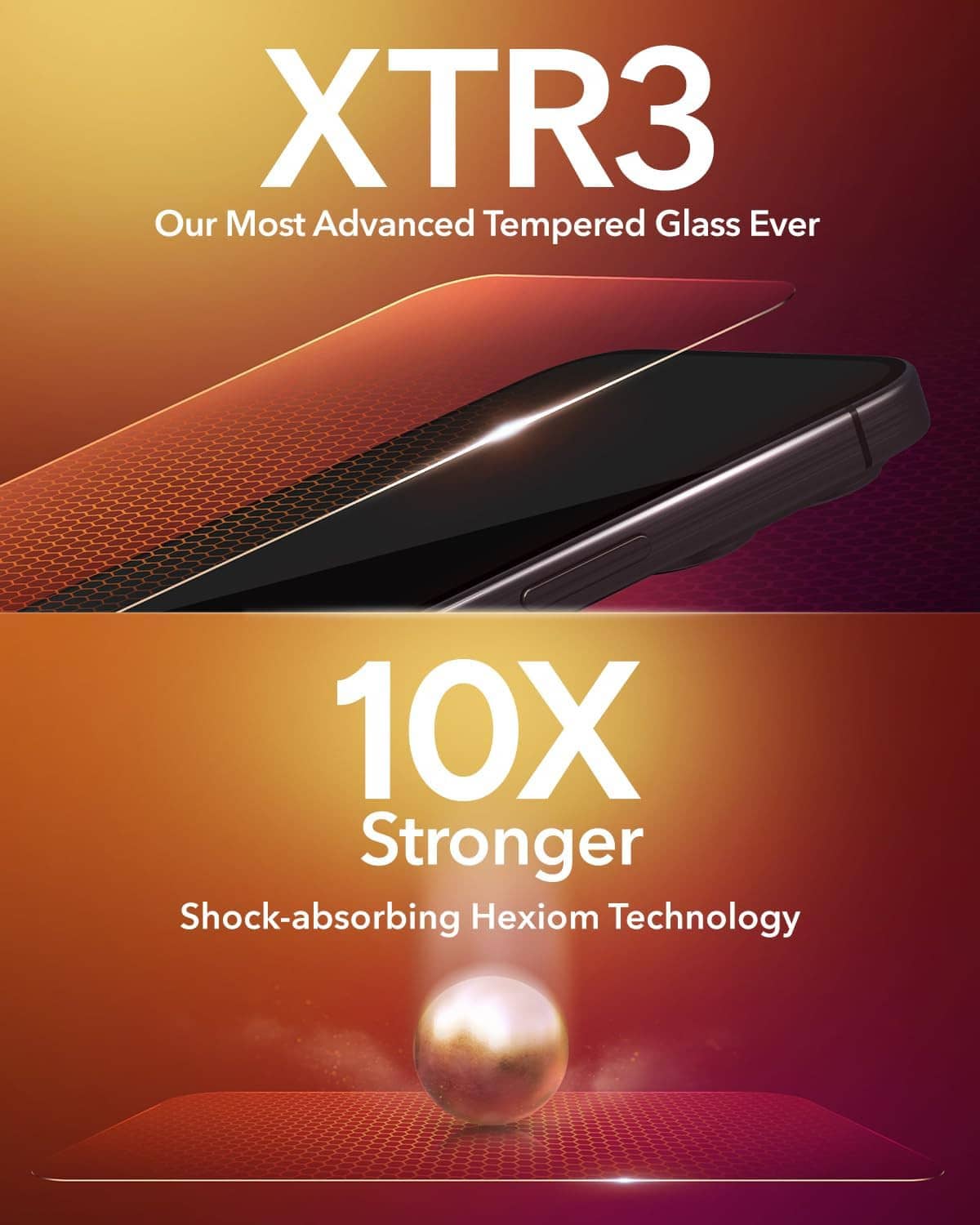 XTR3 tempered glass screen protector, 10X stronger shock-absorb layer