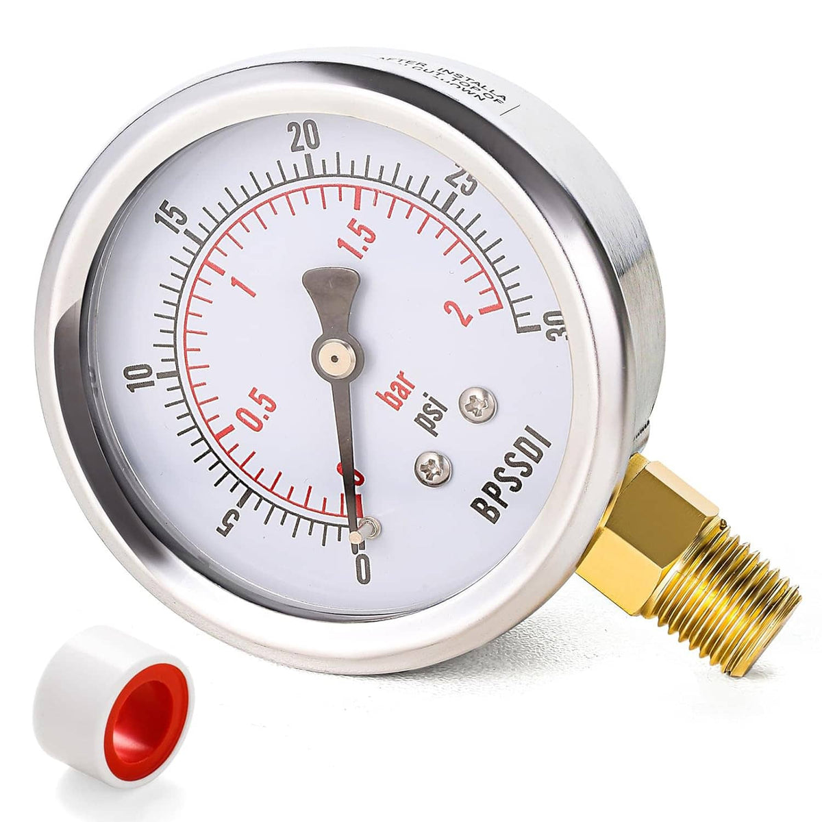 Low pressure gauge featuring a dual-scale dial and brass lower mount fitting