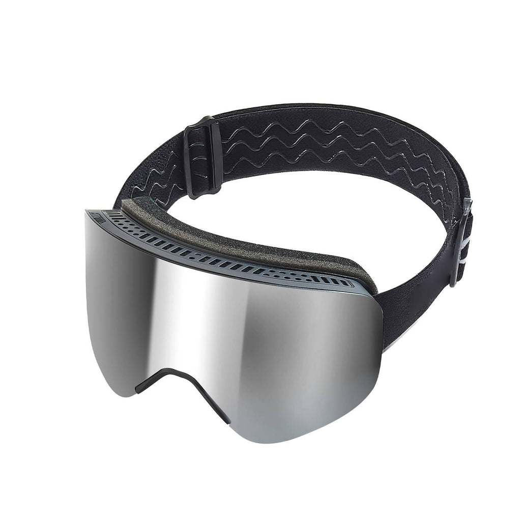 Ski goggles with black strap and mirrored silver lens, vented frame