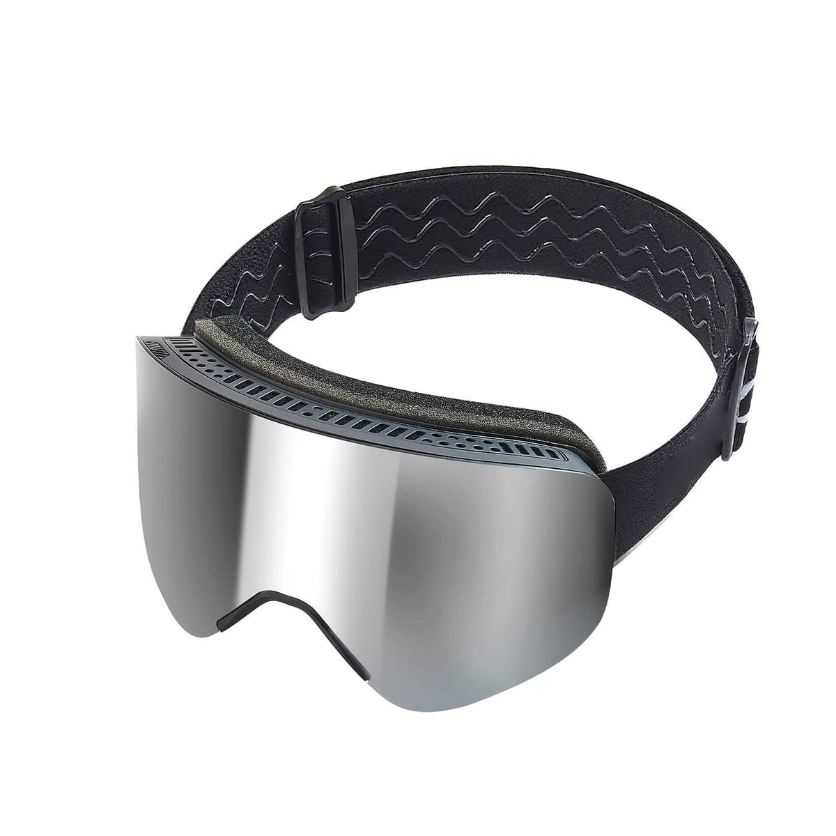 Ski goggles with black strap and mirrored silver lens, vented frame