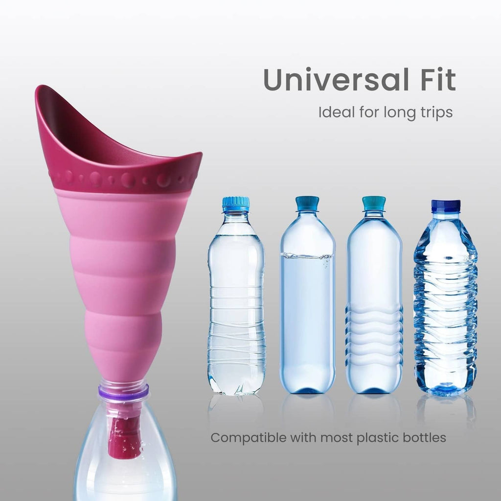 Pink foldable female urinal device with bottle-compatible neck and adapter tip