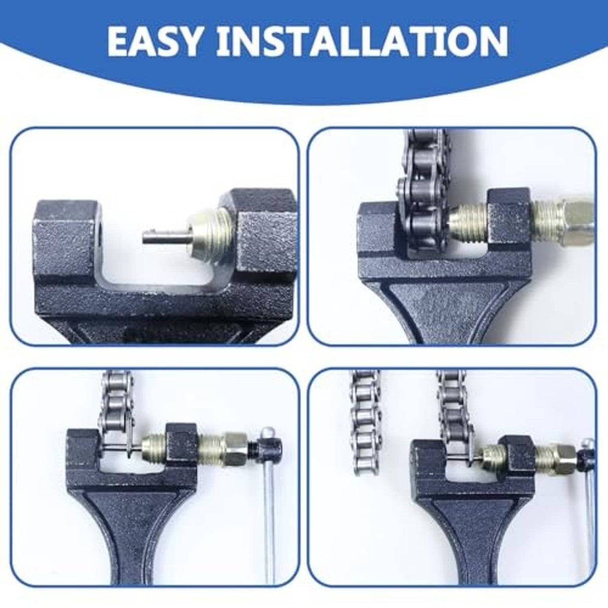 Chain breaker tool during use with chain links positioned on the dark press head