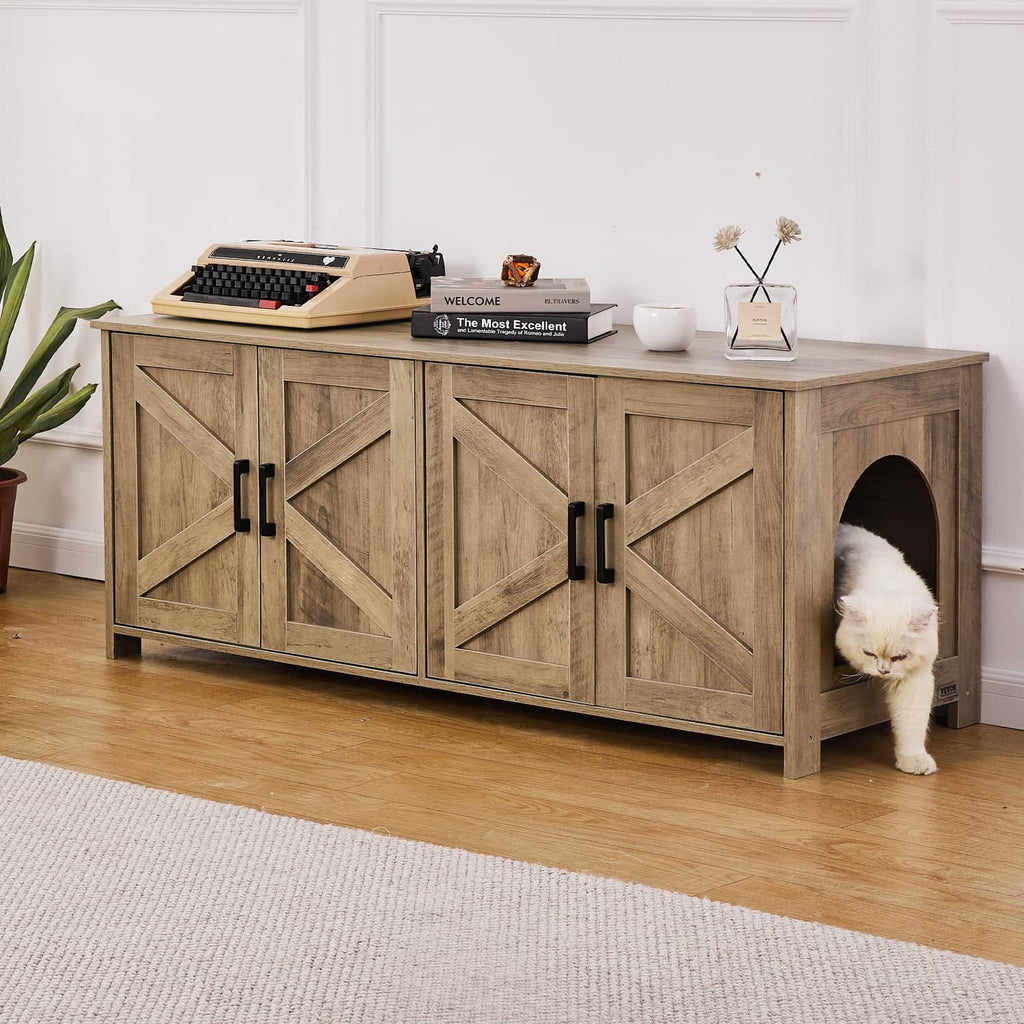 Greige wooden cat litter box enclosure with side cat door opening and black metal latches