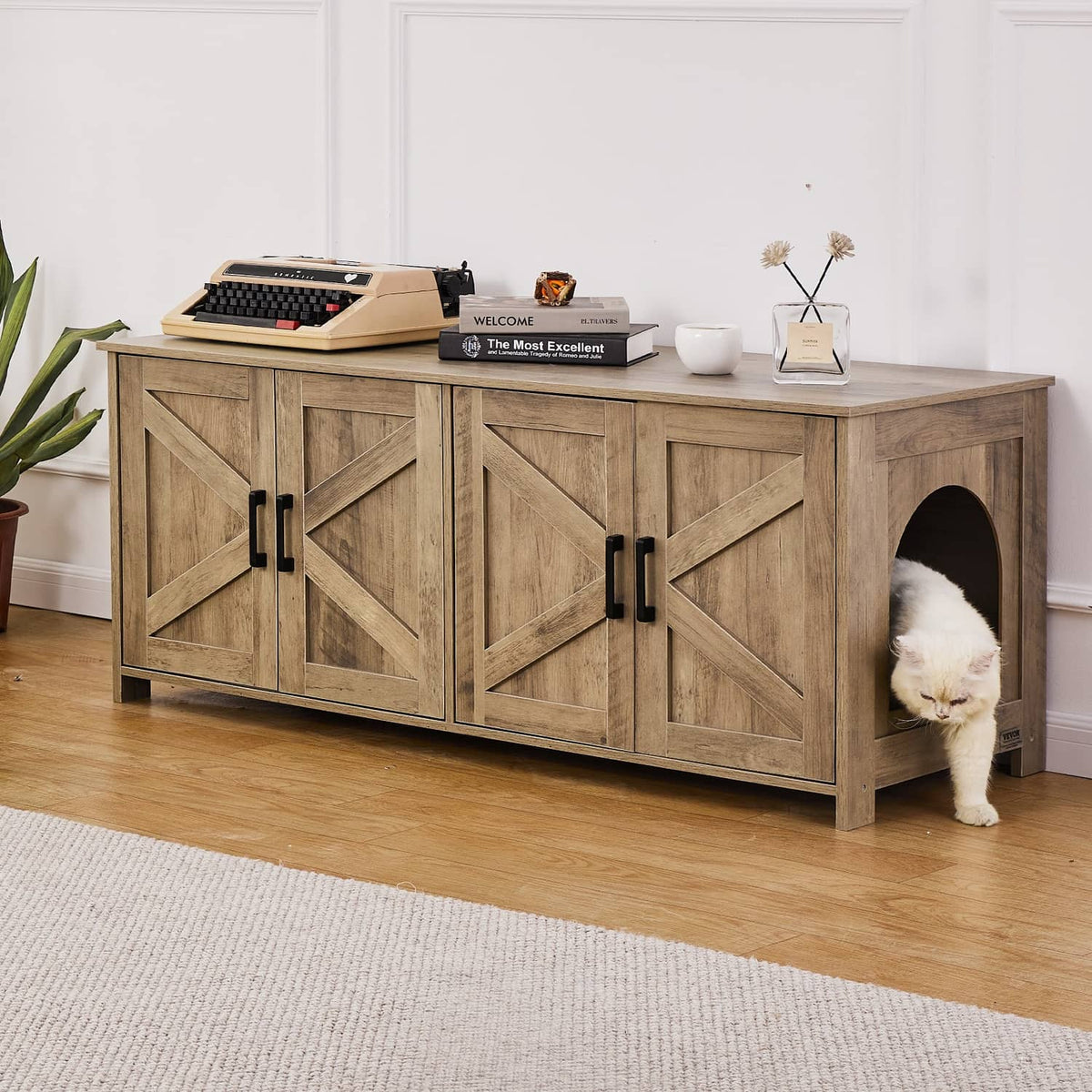 Greige wooden cat litter box enclosure with side cat door opening and black metal latches