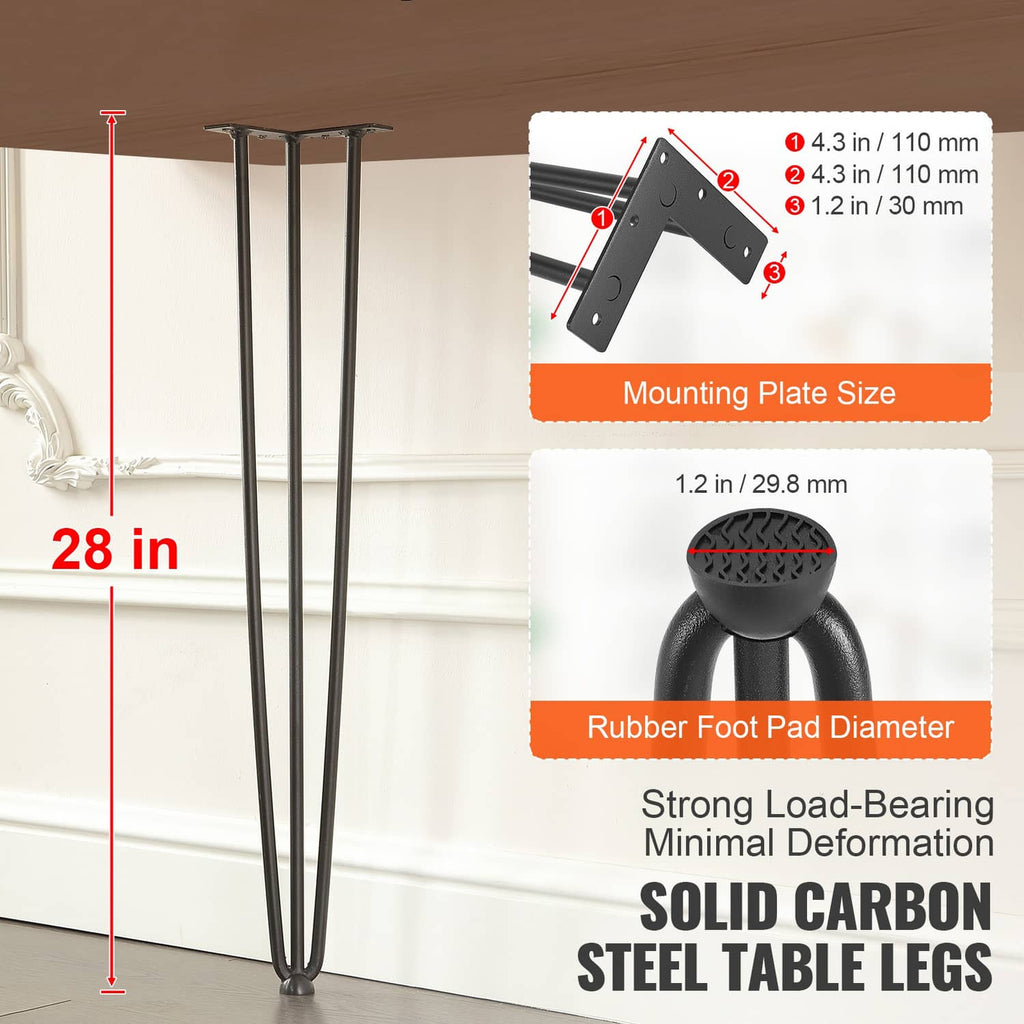 Set of 4 black steel desk legs, 28 in tall, with welded mounting plates
