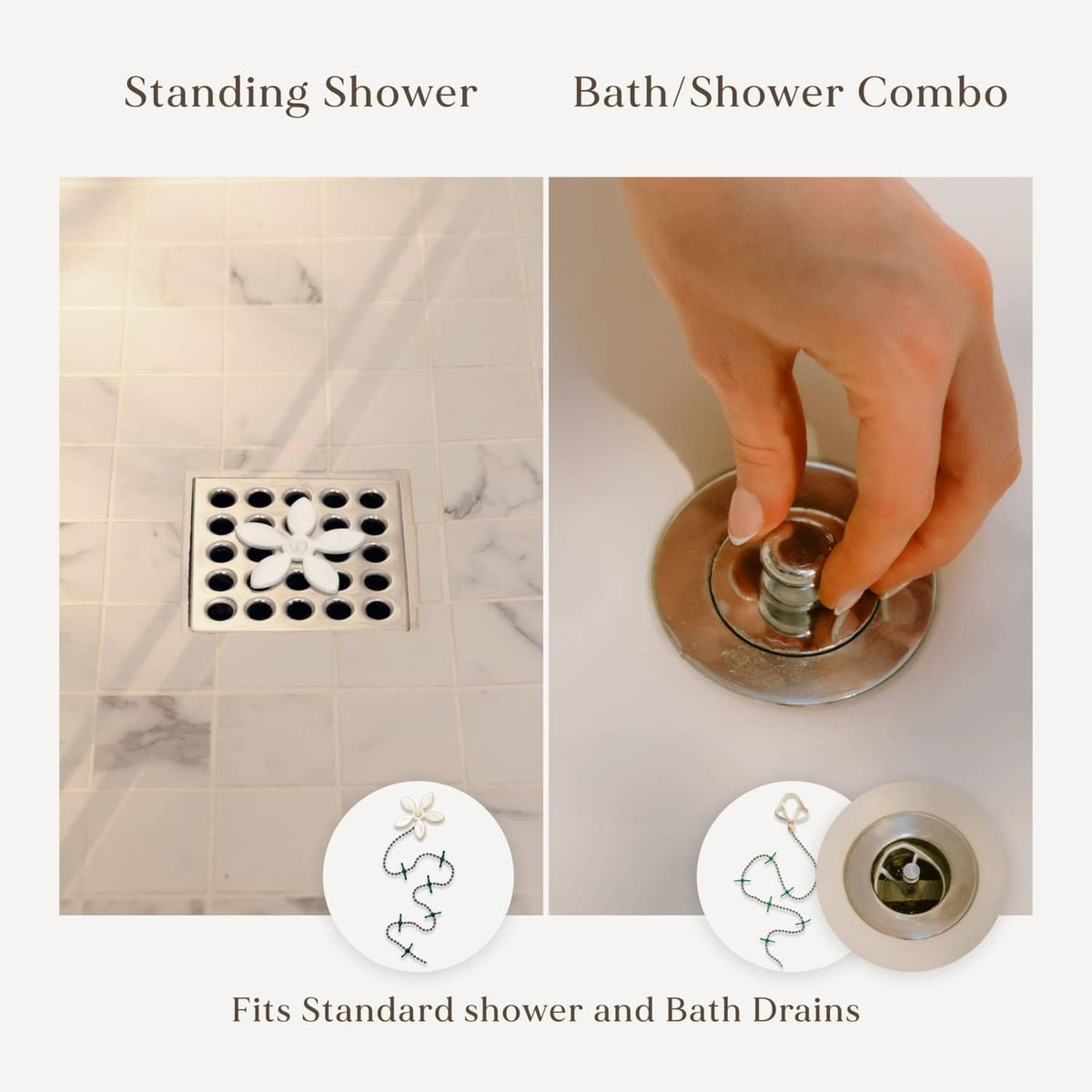 Shower drain hair catcher fits standard shower and bath drain openings