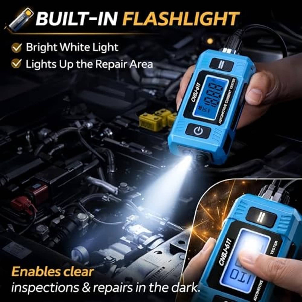 Blue automotive current circuit tester with built-in flashlight and lit display